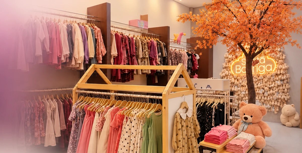 Interior da loja Santa Barriga: araras de madeira em forma de casinha com vestidos, árvore laranja e parede de ursinhos com neon.