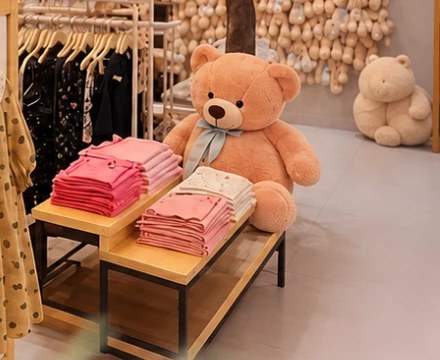 Ursinho de pelúcia ao lado de peças rosa dobradas em mesa de madeira