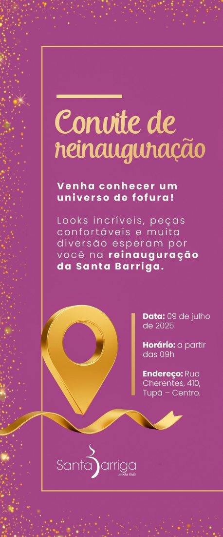 Convite de reinauguração: 9 de julho de 2025, a partir das 9h, Rua Cherentes, 410